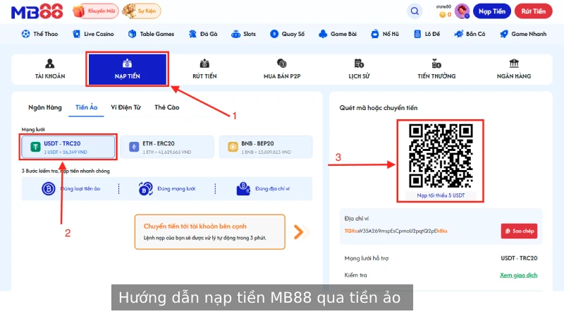 Hướng dẫn nạp tiền MB88 an toàn & nhanh chóng với nhiều phương thức 3 Cách nạp tiền MB88 qua thẻ ảo (USDT)