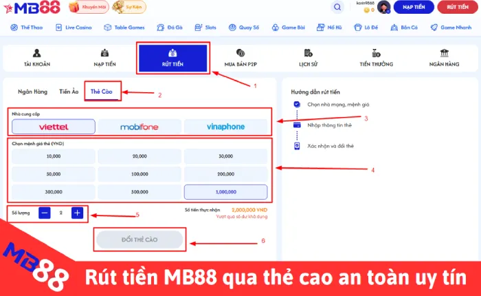 Hướng dẫn rút tiền MB88 an toàn nhanh chóng không chờ đợi lâu 4 Rút tiền MB88 qua thẻ cào